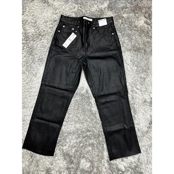 Topshop Coated High Waist Crop Straight Jeans In Black Size W 30 L30 - Picture 2 of 8